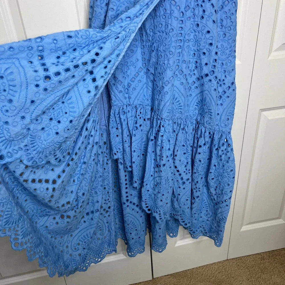 Maeve Anthropologie Blue Eyelet Midi Dress Size 12 Tie Waist Boho - Picture 9 of 15